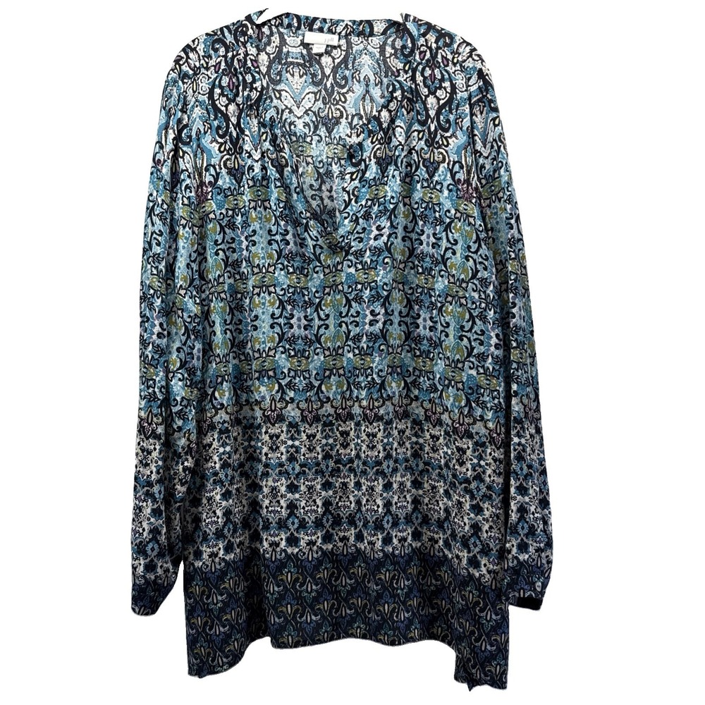 J Jill Women's Tunic Top Sz Large Blue Mixed Paisley Prints Long Sleeve Pullover